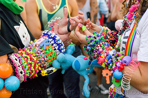 kandi kids swapping kandi (san francisco), arm, beads, clothing, colorful, fashion, gay pride festival, hands, harm, kandi bracelets, kandi cuffs, kandi kid, kandi ravers, man, party, raver, swapping, woman, wrists