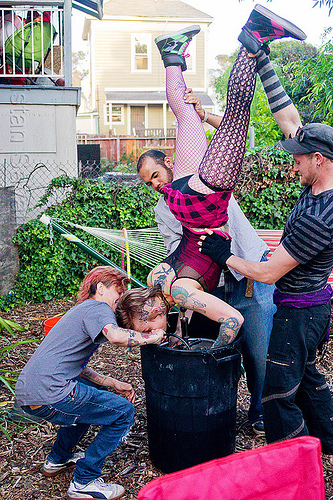 keg stand - an american beer-drinking tradition, beer keg, drinking, keg stand, leah, tattooed, tattoos, upside-down, woman