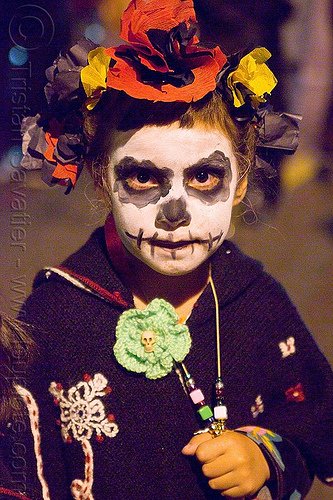 kid with skull makeup - dia de los muertos - halloween (san francisco), child, day of the dead, dia de los muertos, face painting, facepaint, halloween, hat, kid, little girl, makeup, night, woman