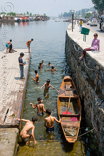 kids bathing in lake - srinagar - kashmir, bath, bathing, children, kashmir, kid, lake, pier, river boat, rowing boat, small boat, srinagar, swimming, wading, سِرېنَگَر, شرینگر, श्रीनगर