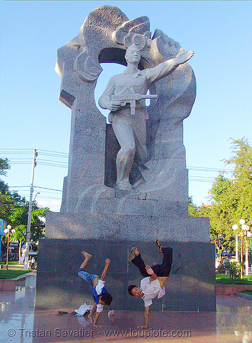 kids break-dancing in front of communist monument - nha trang - vietnam, boys, break dance, break dancing, children, communism, kids, memorial, monument, nha trang, victory