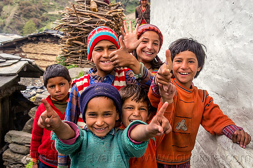 kids fooling around in himalayan village (india), boys, children, girl, janki chatti, kids, knit cap, village