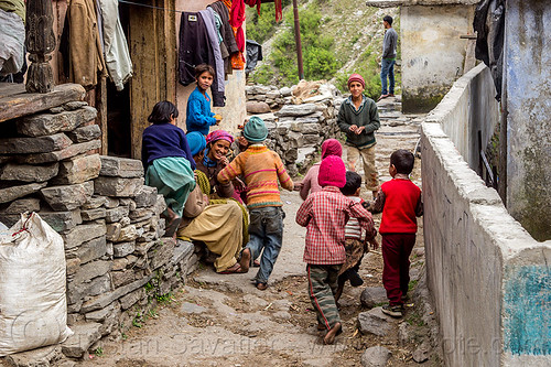 kids playing in himalayan village street (india), children, indian women, janki chatti, kids, playing, village