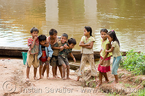kids playing near river (laos), boys, children playing, girls, kids playing, kong lor, little girl, river