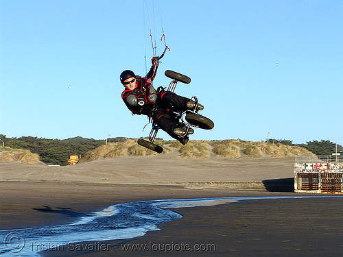 kite buggy air lifting on beach, kiteboarder, kiteboarding, kitebuggy, kiting, ocean beach, trike