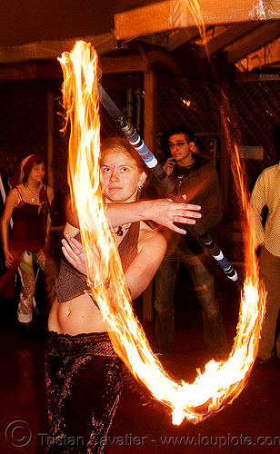 kyra spinning fire staff - jelly's (san francisco), fire dancer, fire dancing, fire performer, fire spinning, fire staff, kyra, night, spinning fire, woman