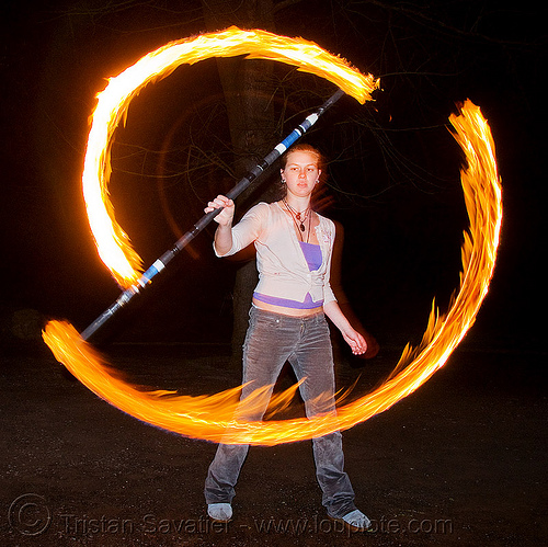 kyra spinning fire staff (san francisco), fire dancer, fire dancing, fire performer, fire spinning, fire staff, kyra, night, spinning fire, woman