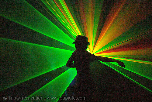 laser show in underground rave party (san francisco), backlight, fedora hat, gangster hat, laser lightshow, laser show, lasers, nightclub, rave lights, ravers, silhouettes