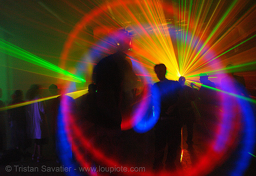 laser show - moving lights and shadows in warehouse underground rave party, backlight, glowing, laser lightshow, laser show, lasers, led lights, night, nightclub, nightlife, rave lights, ravers, silhouettes