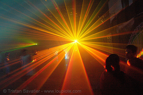 laser show - warehouse underground rave party, backlight, laser lightshow, laser show, lasers, nightclub, nightlife, rave lights, ravers, silhouettes