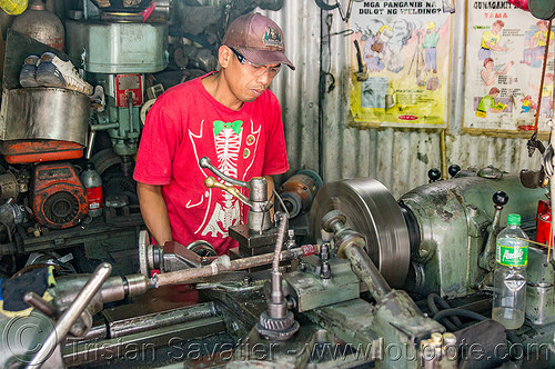 lathe machine tool in workshop (philippines), baguio, machine shop, machine tool, man, mechanical workshop, metal lathe, operator, worker, working