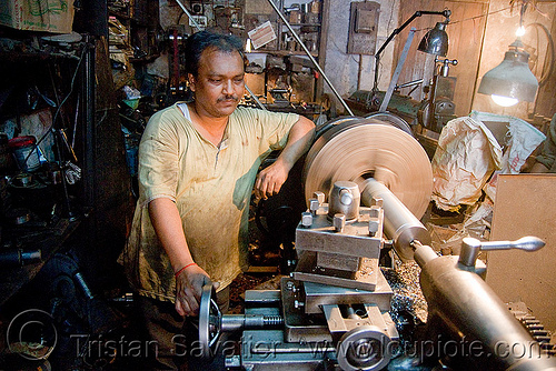 lathe operator in machine shop, delhi, machine shop, machine tools, man, mechanical workshop, metal lathe, mohd. yusuf & sons, operating, operator, running, turning, worker, working