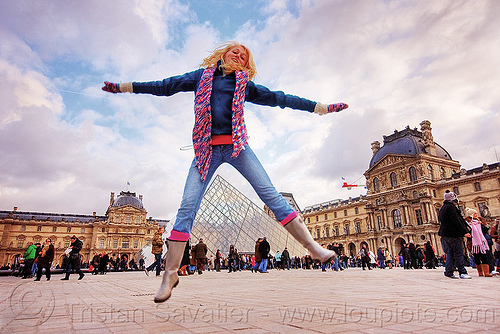 le louvre pyramid - paris, blonde, clouds, crowd, jump shot, le louvre, pyramid, scarf, spread eagle, spread legs, tourists, woman