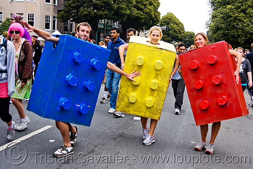 lego bricks costumes, bay to breakers, blue, costume, footrace, lego bricks, red, street party, yellow