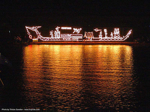 light decorated boat at night - festival on lake - thailand, decorated, dragon boat, lake, light decorations, night, si ratchanalai, songkran, สงกรานต์