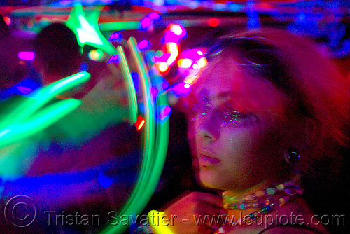 lightshow - young woman and moving led lights in rave party, emma, led lights, lightshow, night, photo lights, rave lights, raver, woman