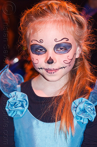little girl with blue dress and skull makeup, blue dress, child, day of the dead, dia de los muertos, face painting, facepaint, halloween, kid, little girl, night, skull makeup