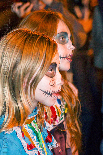 little girls with halloween skull makeup, children, day of the dead, dia de los muertos, face painting, facepaint, girls, halloween, kids, little girl, night, profile, sugar skull makeup