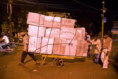 load bearer wallahs with heavy load of freight - delhi (india), delhi, freight, load bearers, men, night, wallahs