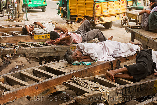 load bearers sleeping on their carts - delhi (india), bare feet, barefoot, load bearers, men, resting, sleeping, wallahs, wooden carts