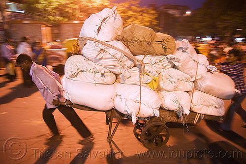 load bearers with heavy load of freight - delhi (india), delhi, freight, heavy, load bearers, man, night, wallahs