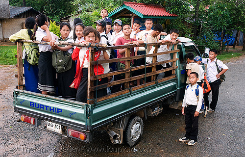 local "school bus" - laos, buathip, lorry, pickup truck, road, school bus, school children, school kids, transport, transportation, transporting