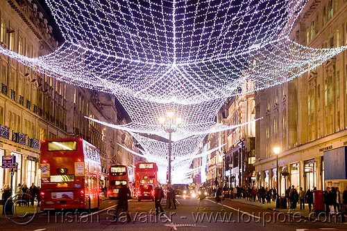 london christmas street lights - decorations - red double-decker buses, bristol vr, british bus, christmas decorations, christmas lights, double decker bus, double-decker, london bus, night, red, street lights