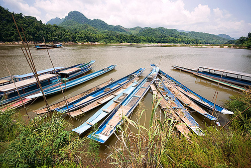 long boats on mekong river near luang prabang (laos), long boats, luang prabang, mekong, moored, mooring, river boats, rowing boats, small boats