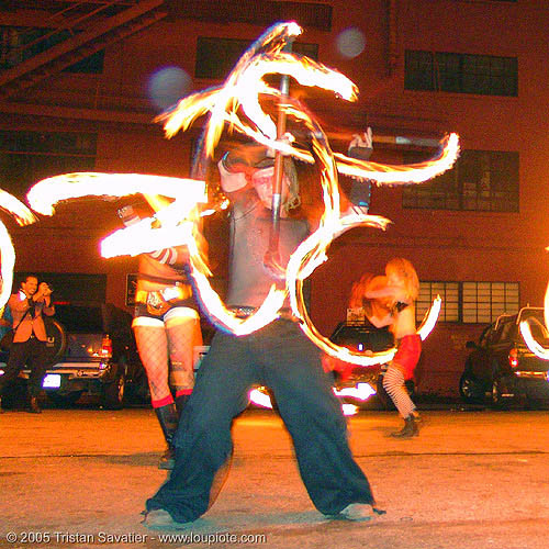 lsd fuego - fire performer spinning fire staves (san francisco), fire dancer, fire dancing, fire performer, fire spinning, fire staff, night, spinning fire