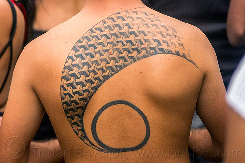 m. c. escher tattoo, back piece, geometric, m.c. escher, man, patern, tattoo, tattooed