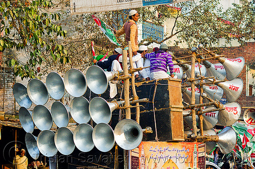 makeshift sound system on pickup truck - eid-milad-un-nabi muslim festival (india), bullhorns, crowd, eid e milad un nabi, eid e milād un nabī, islam, loudspeakers, mawlid, men, muhammad's birthday, muslim festival, muslim parade, nabi day, prophet's birthday, sound, speakers, عید میلاد النبی, ईद मिलाद नबी