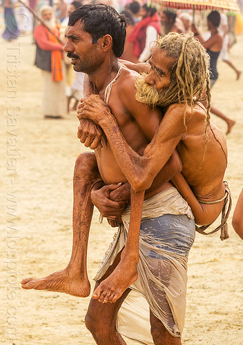 man carrying crippled father on his back - kumbh mela 2013 (india), carrying, crippled, father, hindu pilgrimage, hinduism, kumbh mela, men, old man, son, walking