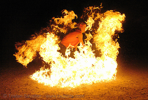 man on fire - street performer (san francisco), death by fire, fire dancer, fire dancing, fire performer, fire spinning, immolation, man burning, night, shanti alex, spinning fire
