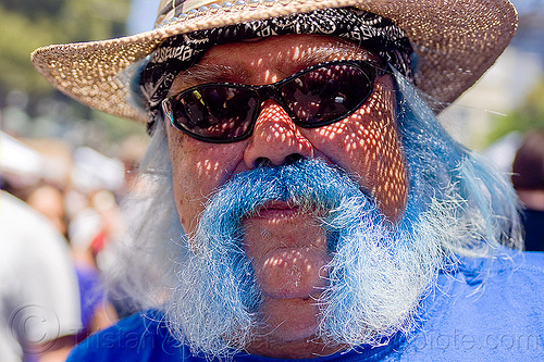man with blue beard - haight street fair (san francisco), bandana, blue beard, haight street fair, man, straw hat, sunglasses