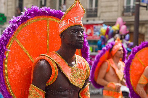 man with brazilian carnival costume - carnaval tropical de paris, brazilian, carnaval tropical, costume, hat, headdress, man, parade
