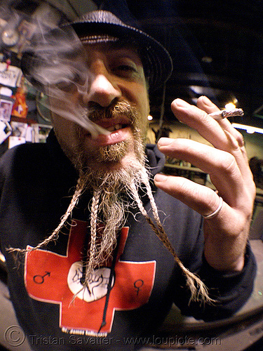 man with breaded beard (san francisco), braided beard, cigarette, fisheye, smoking