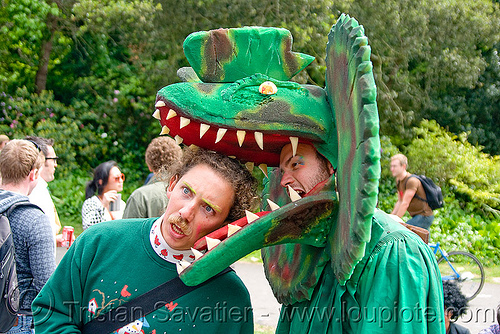 man with dinosaur costume - bay to breaker footrace and street party (san francisco), bay to breakers, biting, dinosaur costume, dinosaur head, eating, footrace, men, street party, teeth