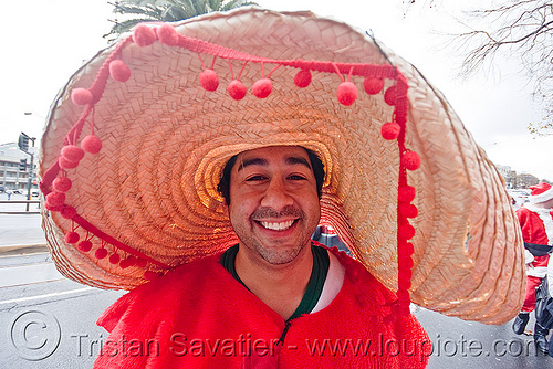 man with large mexican sombrero - santacon (san francisco), andrew, christmas, costume, man, mexican hat, red, santa claus, santacon, santarchy, santas, sombrero, straw hat, the triple crown