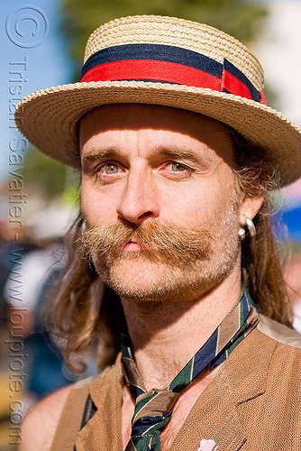 man with moustaches and straw hat - randal smith, costume, haight street fair, man, mustache, neck tie, randal smith, straw hat
