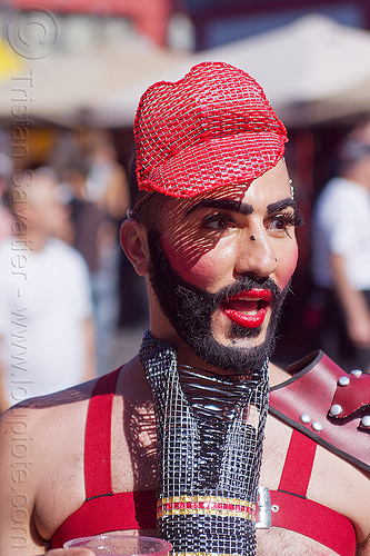 man with red lips, beard, costume, fashion, hat, headdress, lips headpiece, makeup, man, red lipstick