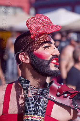 man with red lipstick - folsom st fair 2012, beard, costume, fashion, hat, headdress, lips headpiece, man, mesh, red lipstick