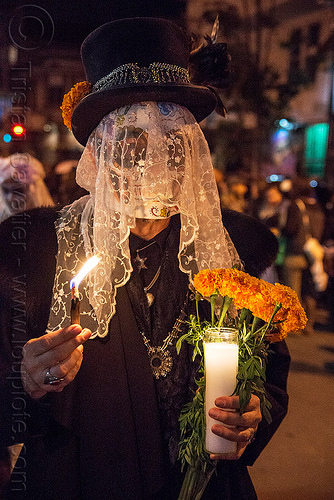 man with skull mask - white lace veil - dia de los muertos, burning, day of the dead, dia de los muertos, fire, flowers, glass candle, halloween, hat, lace veil, marigold, night, skull mask, white veil