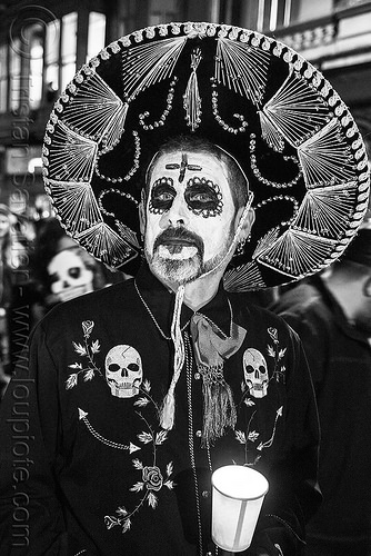 man with sombrero mexican hat - sugar skull makeup - dia de los muertos, candle, day of the dead, dia de los muertos, face painting, facepaint, halloween, man, mexican hat, night, skulls, sombrero, sugar skull makeup