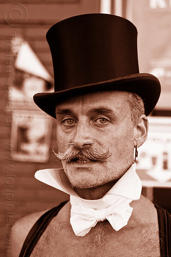 man with stovepipe hat and white collar - victorian fashion, bare chest, man, mustache, nose piercing, sepia, septum piercing, stovepipe hat, victorian fashion, white collar