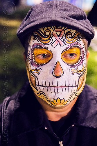 man with sugar skull makeup - dia de los muertos, cap, day of the dead, dia de los muertos, face painting, facepaint, halloween, hat, man, night, pink ribbon, sugar skull makeup