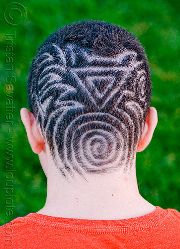 man with tribal hairstyle pattern (san francisco), designs, haircut, head, jeremiah, man, shaven, shaving, short hair, spiral, triangle, tribal