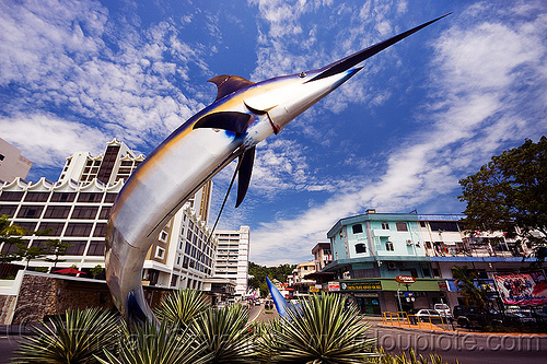 marlin fish landmark - kota kinabalu (borneo), borneo, clouds, fish, landmark, malaysia, marlin, monument, road circle, sculpture