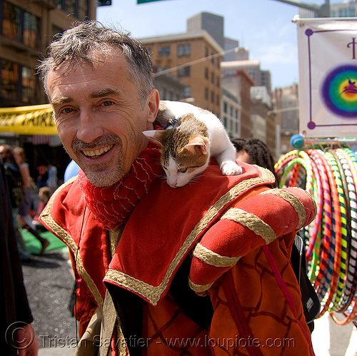 me with a cat - how weird street faire (san francisco), cat, costume, man, red, self portrait, selfie