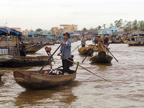 mekong river - floating market - standing - rowing boats - vietnam, floating market, mekong river, river boats, rowing boats, small boats, standing rowing