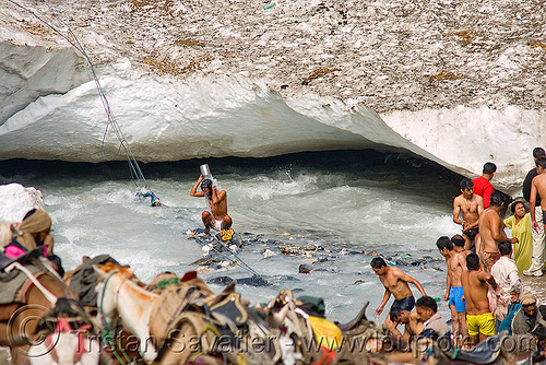 men bathing in ice-cold river - amarnath yatra (pilgrimage) - kashmir, amarnath yatra, bath, glacier, hindu pilgrimage, kashmir, pilgrims, river, rope, snow